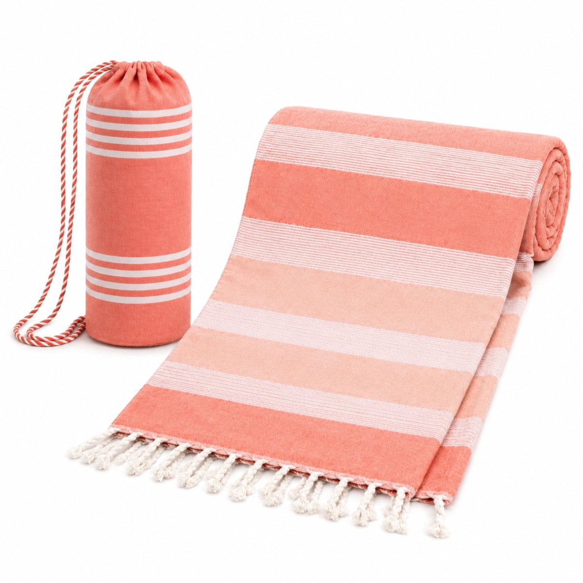 Omgoods - Grote Strandhanddoek met Tas, Fouta met Strepen en Franjes