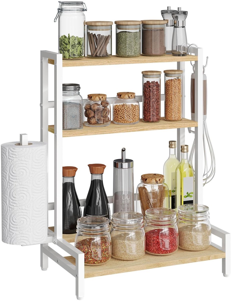 Omgoods - 4 Tier Spice Rack met Papieren Handdoekhouder en Verstelbare Voeten - Keuken Organizer Wit