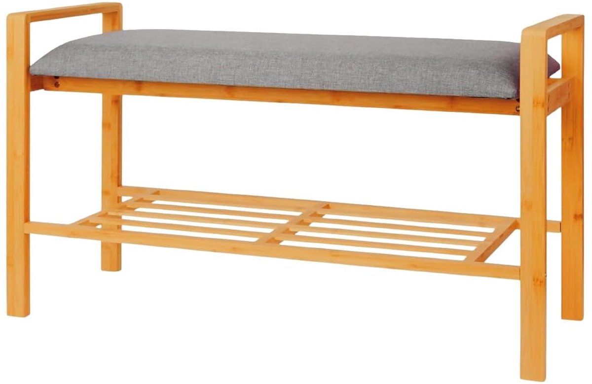 Omgoods - Bamboo Schoenbank met Kussen en Plank - Natuurlijke Design en Ruimtebesparend