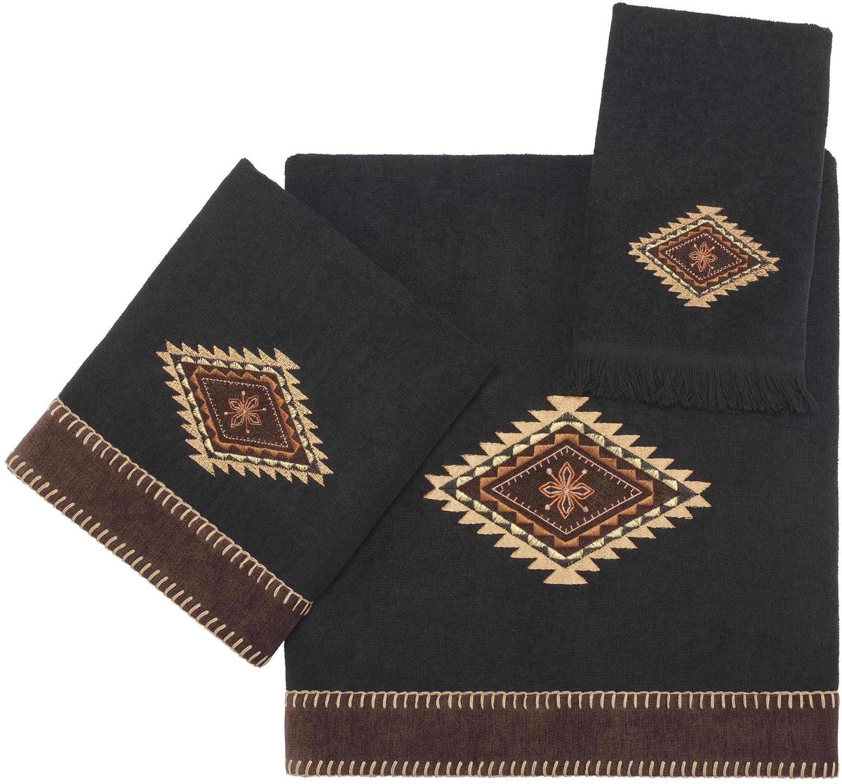 Omgoods - 3-Delige Handdoekenset Zwart met Aztec Motief 100% Katoen