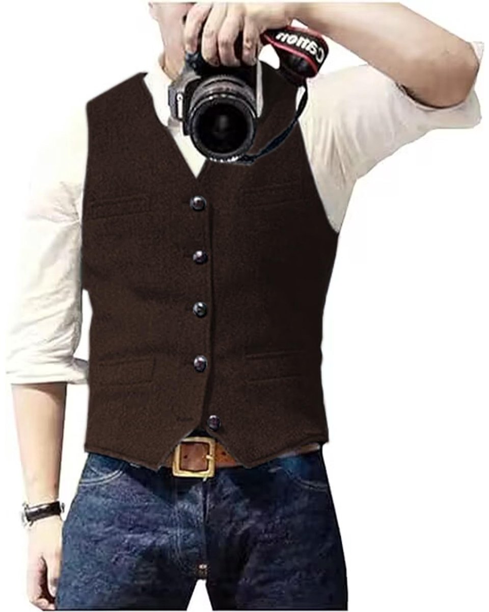 Omgoods - Casual Haringbone Patroon Wol Vest met V-Hals voor Bruidsjonkers