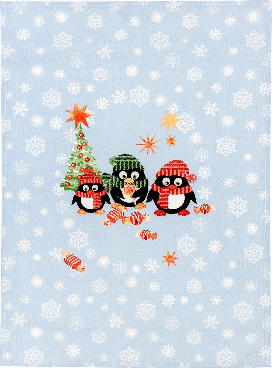 Omgoods - Kersttheedoeken met Pinguïns - Half Linnen - 2-Pack 50x70 cm