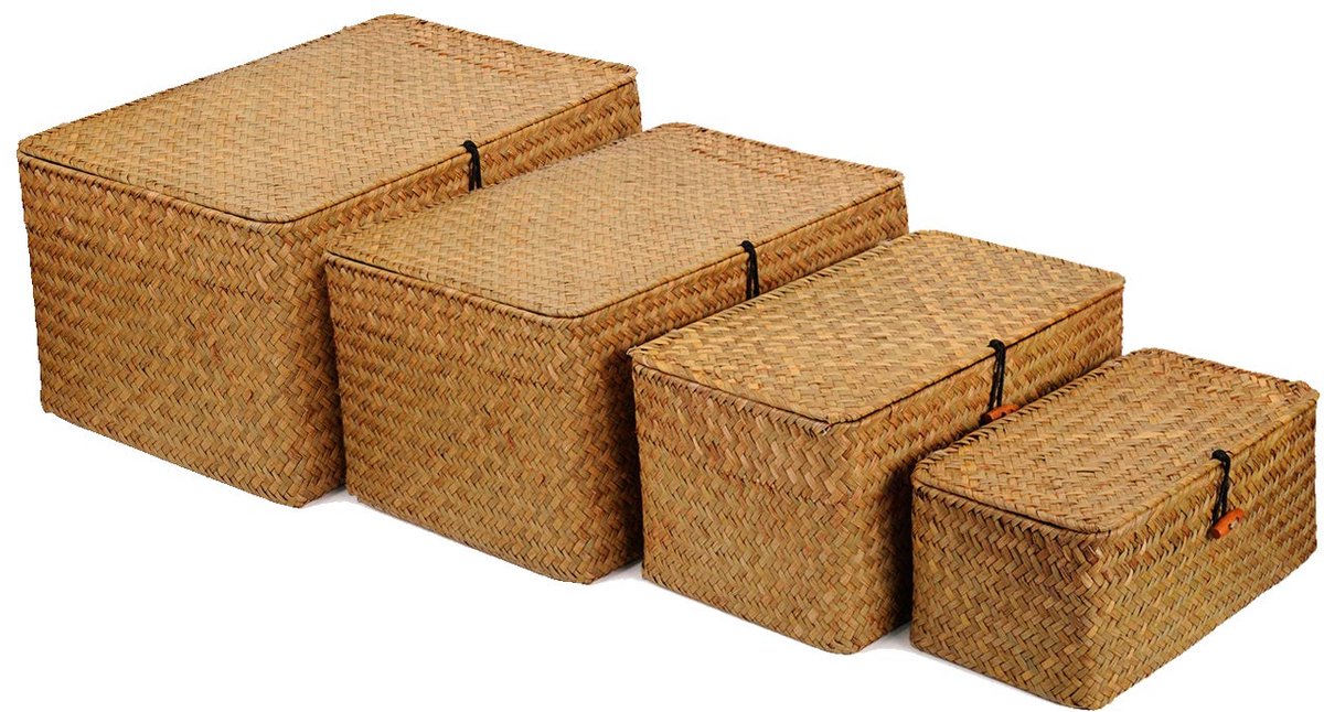 Omgoods - Wicker Opbergmanden met Deksel - Set van 4 Seagrass Mandjes