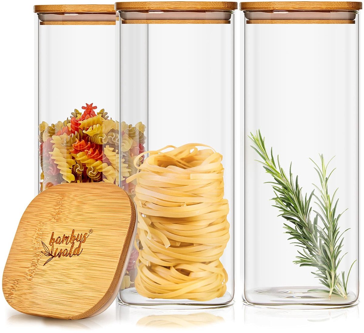 Omgoods - Set van 3 Vierkante Glazen Opbergpotten met Luchtdichte Bamboo Deksels
