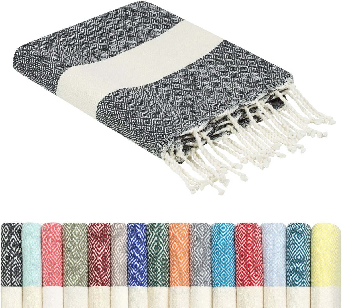 Omgoods - Fouta Hamamdoek 100x200 cm - Katoen - Zwart Geometrisch - Compact & Multifunctioneel