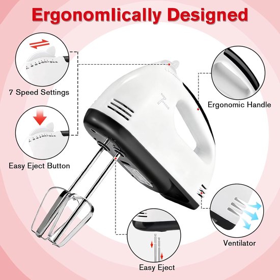 Elektrische Keukenmixer - Handgarde Set - Bakken en Mixen - 7 Snelheden Turbo - 4 Mengkommen - Roestvrij Staal — afbeelding 4