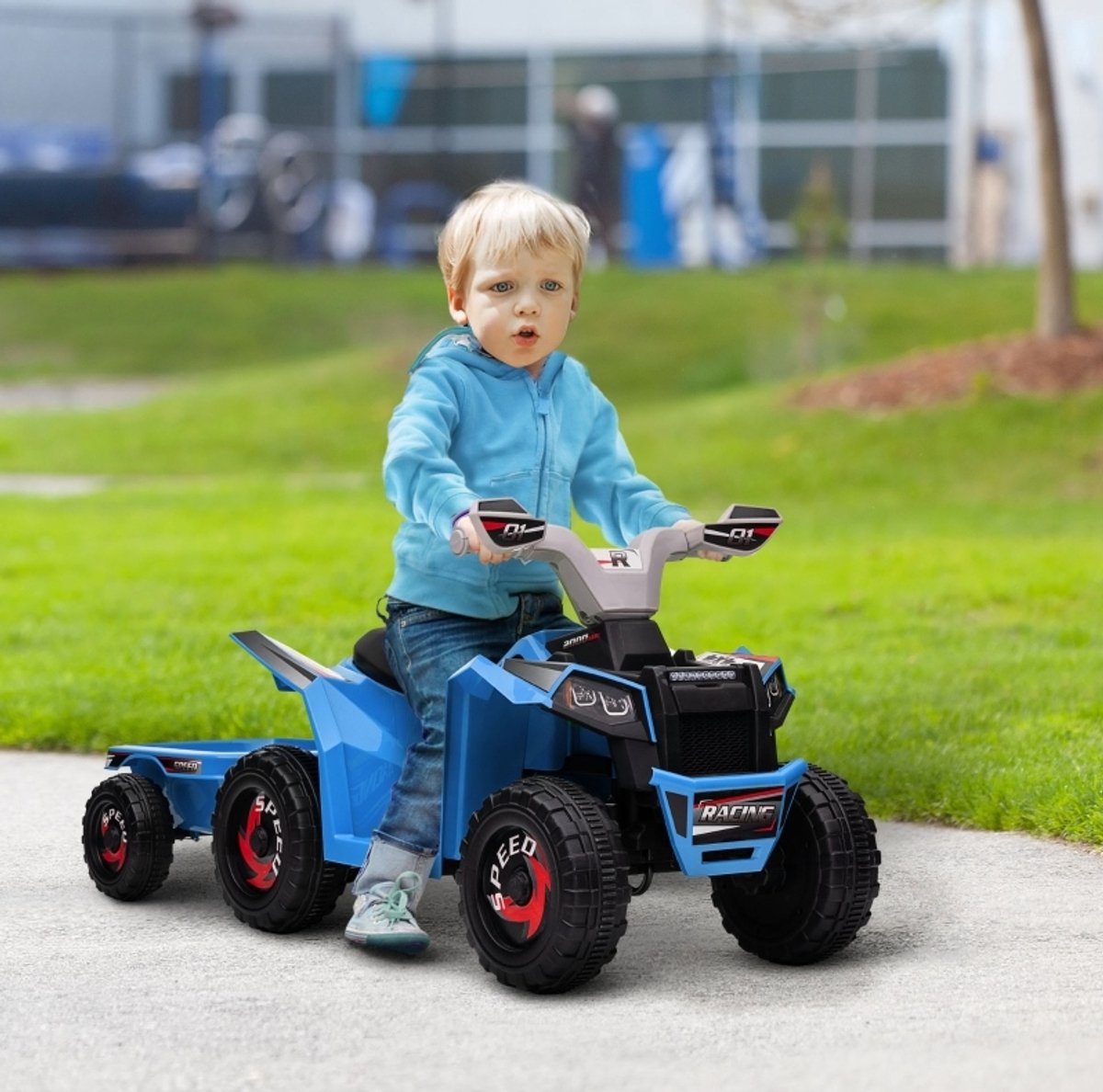 COVREO Kinderquad 106 x 41,5 x 48,5 cm blauw, kunststof, oplaadbaar met aanhanger