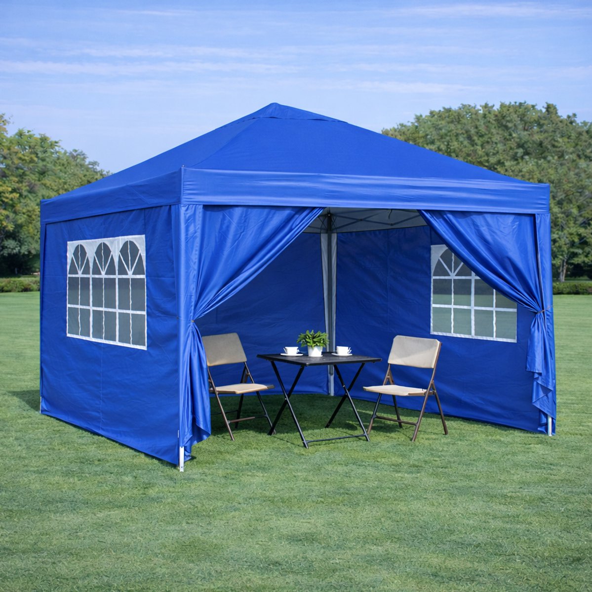 MODENUIT Partytent – 3 x 3 m – Inklapbaar – Staal – Blauw – Met 4 Zijwanden en 4 Zandzakken
