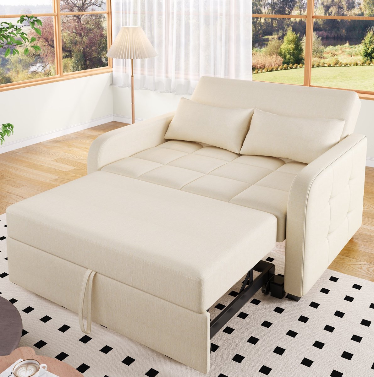 COVREO Slaapbank 127 x 75 x 94 cm beige, linnen en hout met verstelbare rugleuning