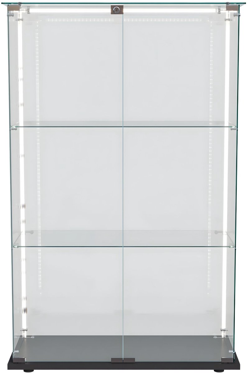 Happiq Glazen Vitrinekast - 2 Deuren, 3 Planken, LED - Zwart, Glas en Metaal - Lichtstrip en Afsluitbaar Black