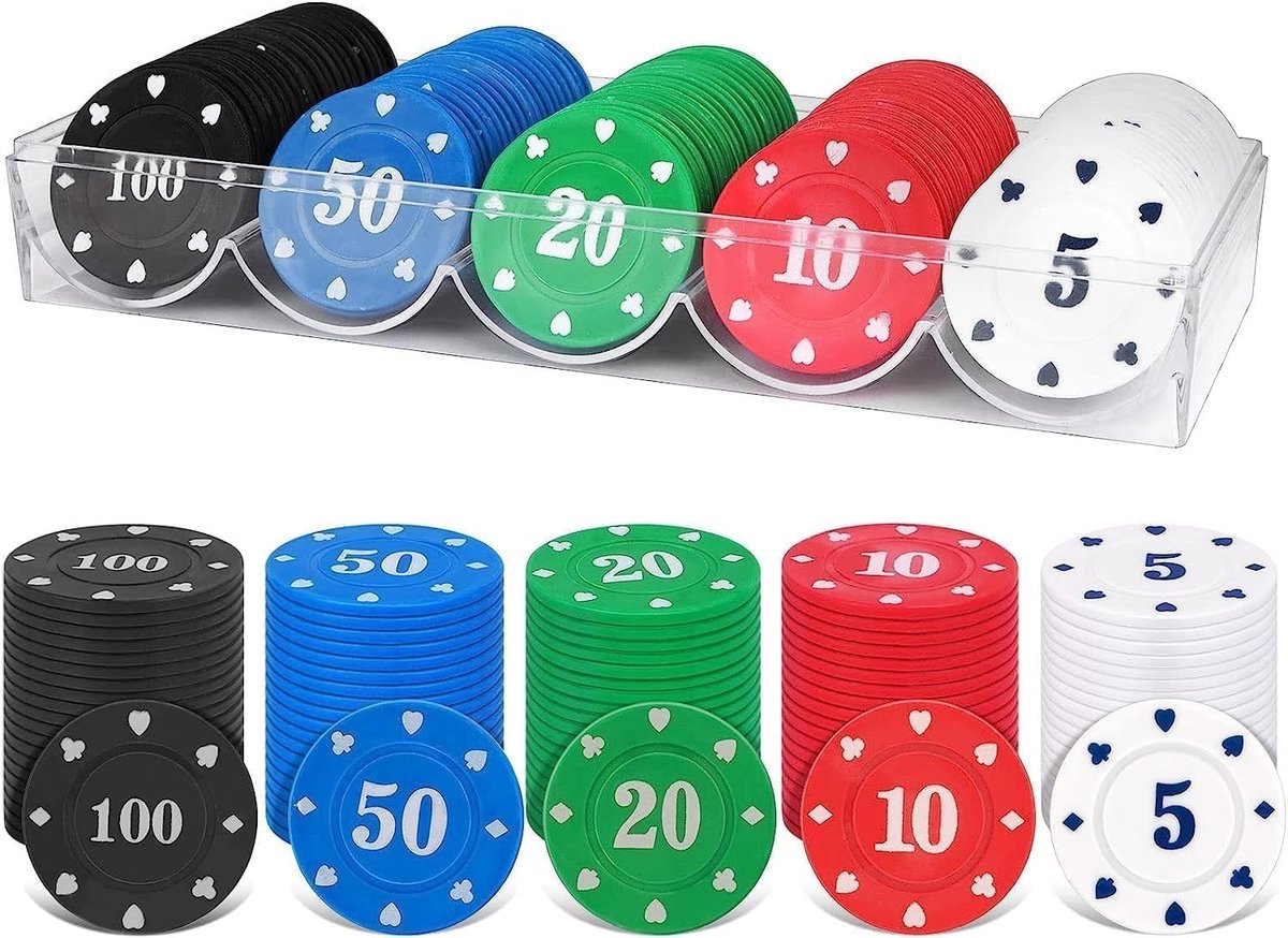 Set van 100 Plastic Poker Chips voor Spellen, Casino Activiteiten en Wiskunde Oefeningen met Opbergdoos