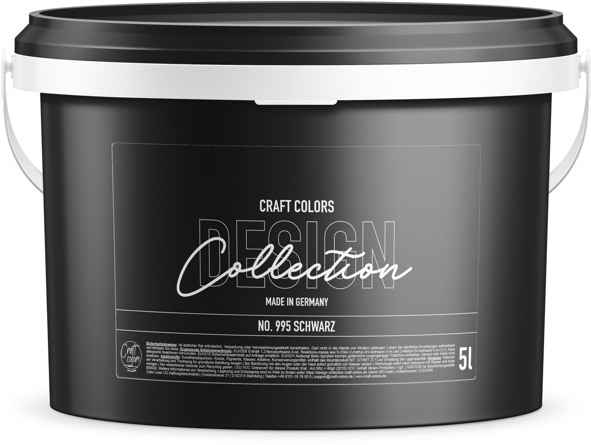 SnelShoppen - Craft Colors® 5L hoogwaardige muurverf edelmat, krijtverf diepzwart voor interieur, DESIGN Collection No.995, ideaal voor woonkamer, sla