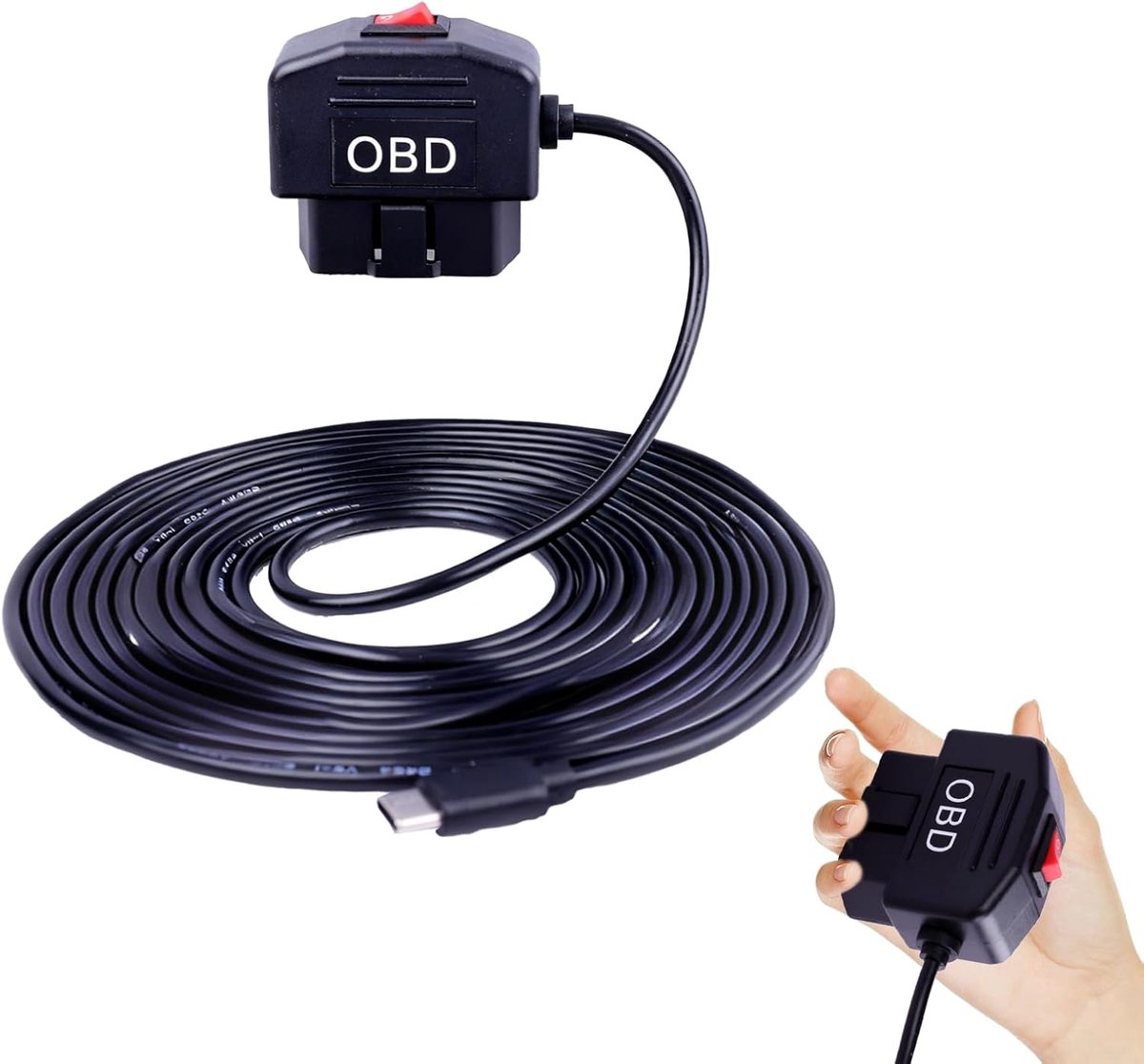 SnelShoppen - OBD2 Power Kabel voor Dashcam Type C, OBD Voeding Adapter met Schakelaar, 24 Uur Bewaking, USB Aansluiting voor Voertuig