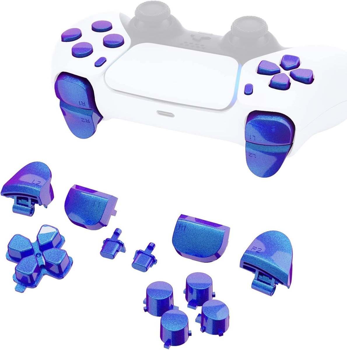 eXtremeRate Buttons Knop Vervangende D-pad R1 L1 R2 L2 Triggers Share Opties Gezichtsknoppen voor ps5 Controller BDM-010/020,Aangepaste Volledige Set Knoppen Reparatiesets - Kameleon Paars Blauw