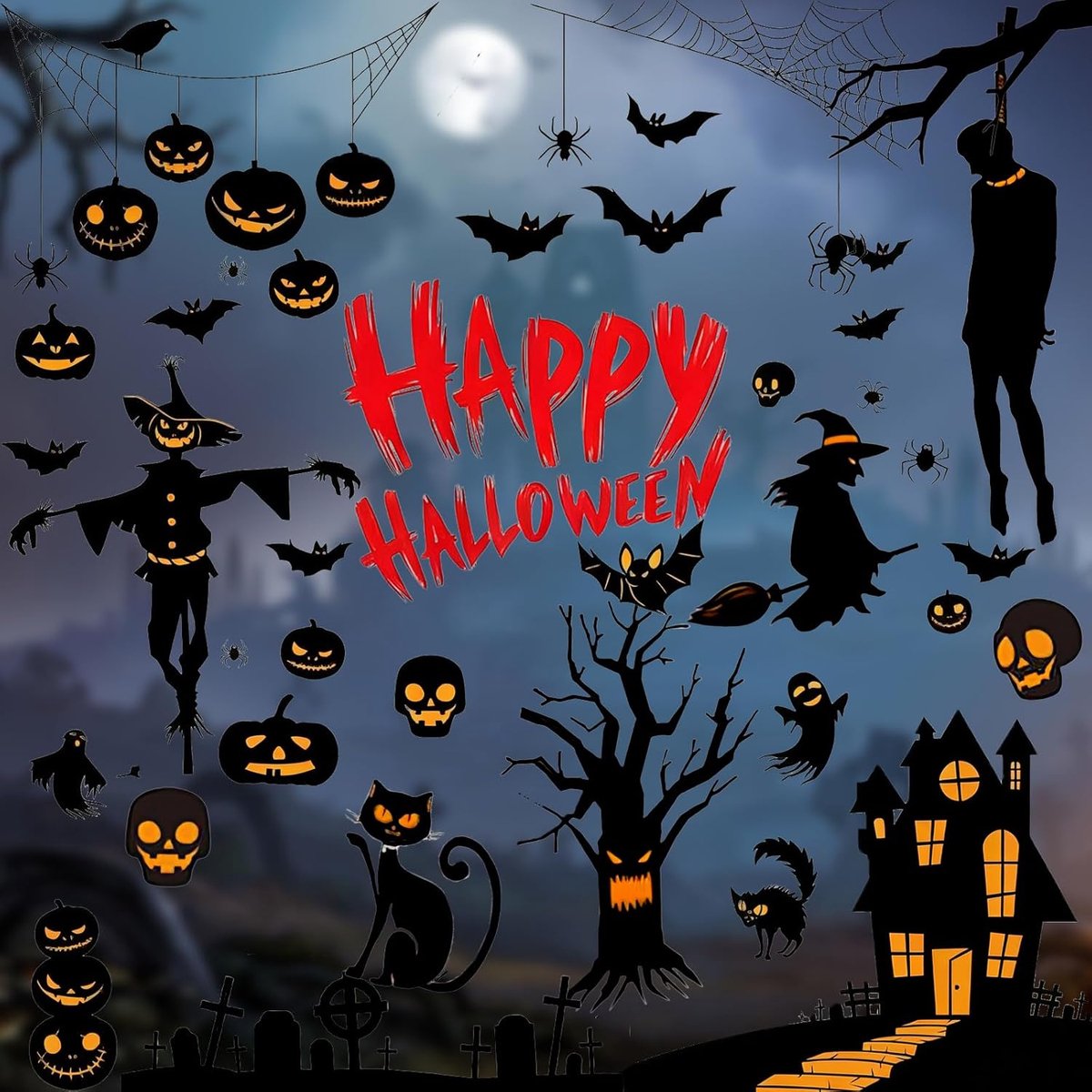 Raamstickers, Geel-Zwarte Vleermuizen, Pompoenen, Geesten, Statische Stickers, Herbruikbaar, Dubbelzijdige Bedrukking voor Halloween Decoratie (Halloween B)