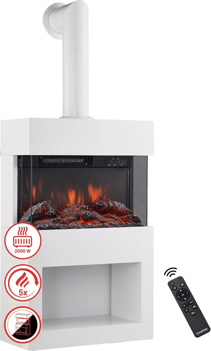 SnelShoppen - Elektrische Haard HENRI - Elektrische Houtkachel met Verwarming, 3D Vlam Effect, Houtopslag, Afstandsbediening (Wit)