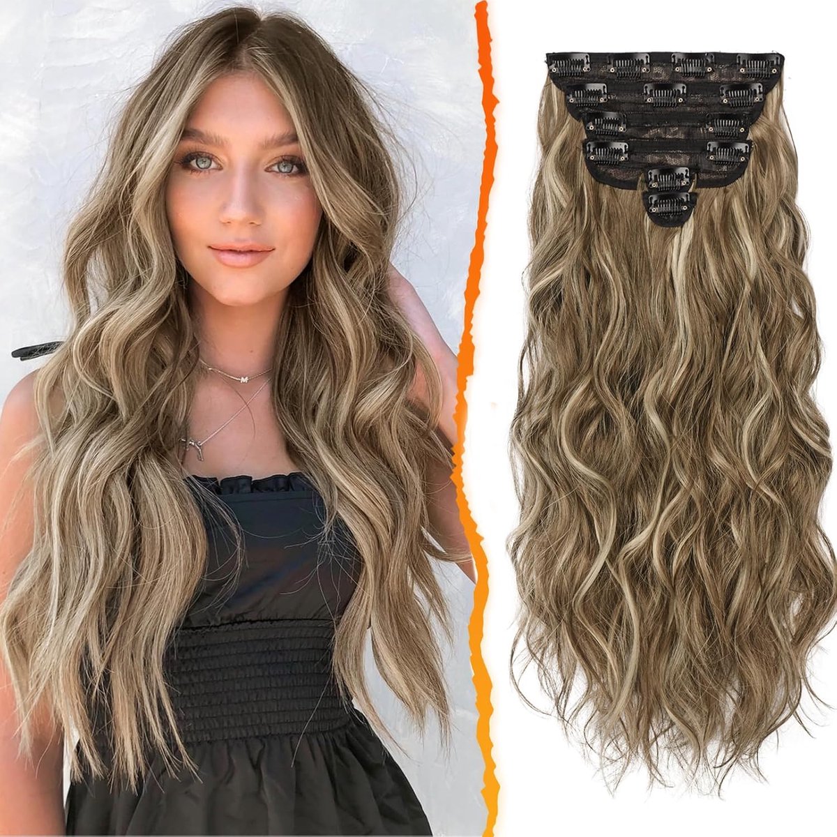 Haarextensies, 6 PCS Lang Golvende Highlight Balayage Haarstukken Clip in 50cm Dik Krullend Natuurlijke Synthetische Haar Extensions voor vrouwen (As Bruin & Blond)