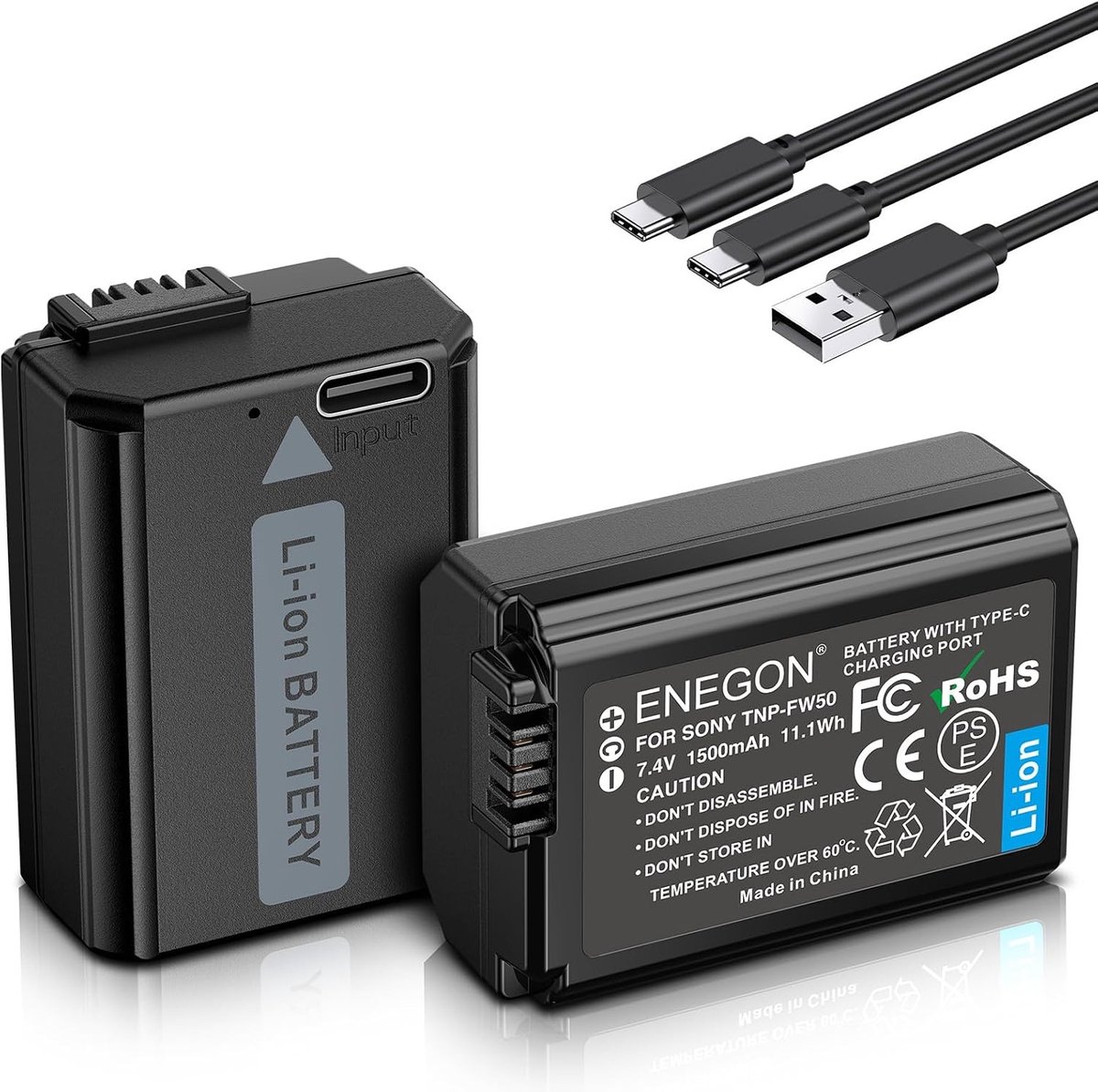 Vervangende Accu's 1500mAh (2 Pack) met 2-in-1 USB-C Oplaadkabel voor Sony Camera's zoals A7, A6000, NEX 3/5/7 en SLT-A Series