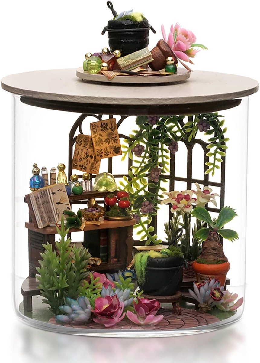 Miniatuur poppenhuiskit, doe-het-zelf houten poppenhuisset, met stofkap, handgemaakt handwerk voor volwassenen, creatieve kamer, geschikt als cadeau voor verjaardag en kerst (Magic Garden)