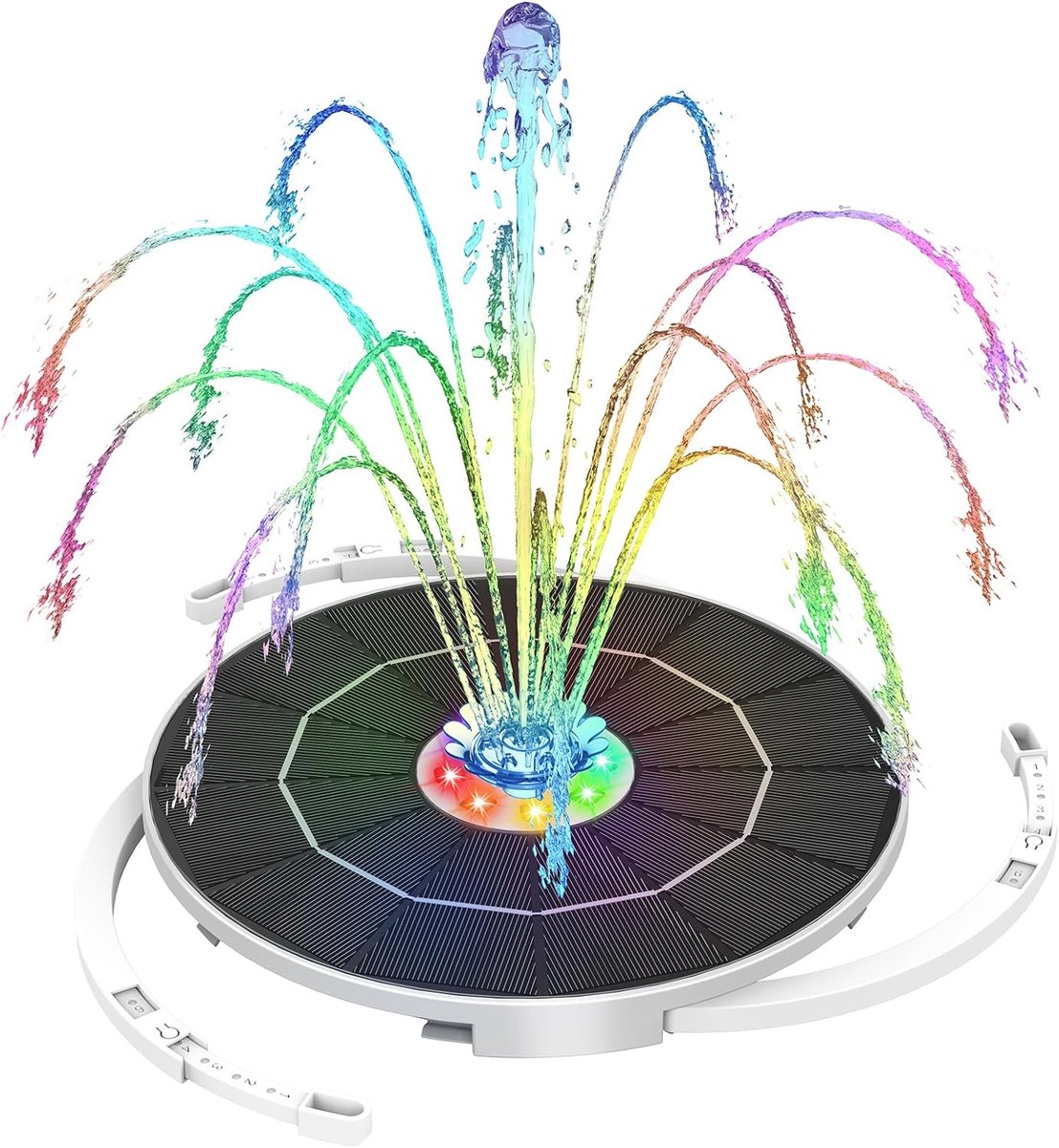 5,5 W LED fonteinpomp op zonne-energie met kleurrijke verlichting en 3000 mAh accu, 2025 upgrade fonteinpomp op zonne-energie voor vogelbad met meerdere spuitmonden