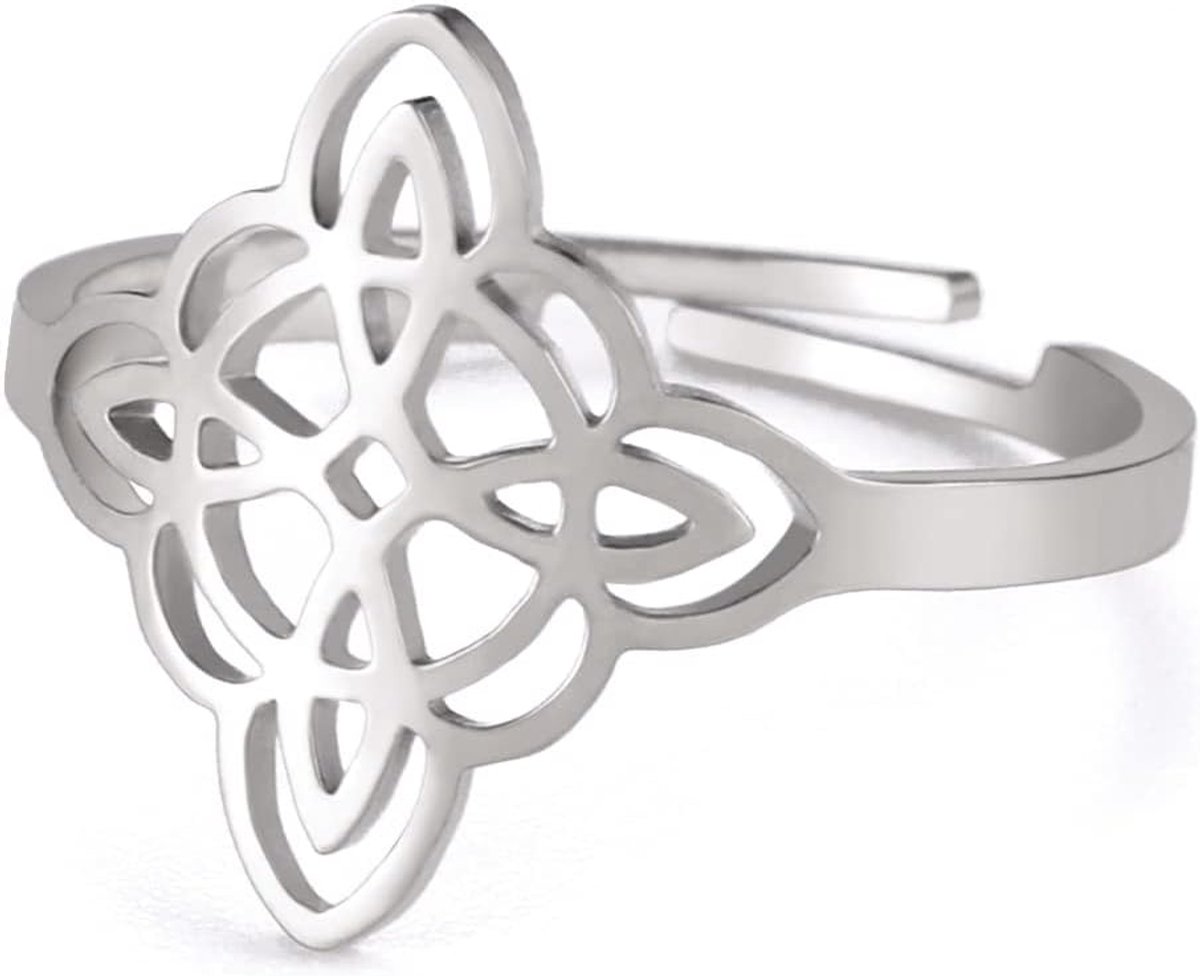 Heksenknoop voor dames, roestvrij staal, open staafringen, verstelbaar, Keltisch, kwartair, wicca, knoopring, hekserij, amulet, sieraden, cadeau (zilver)