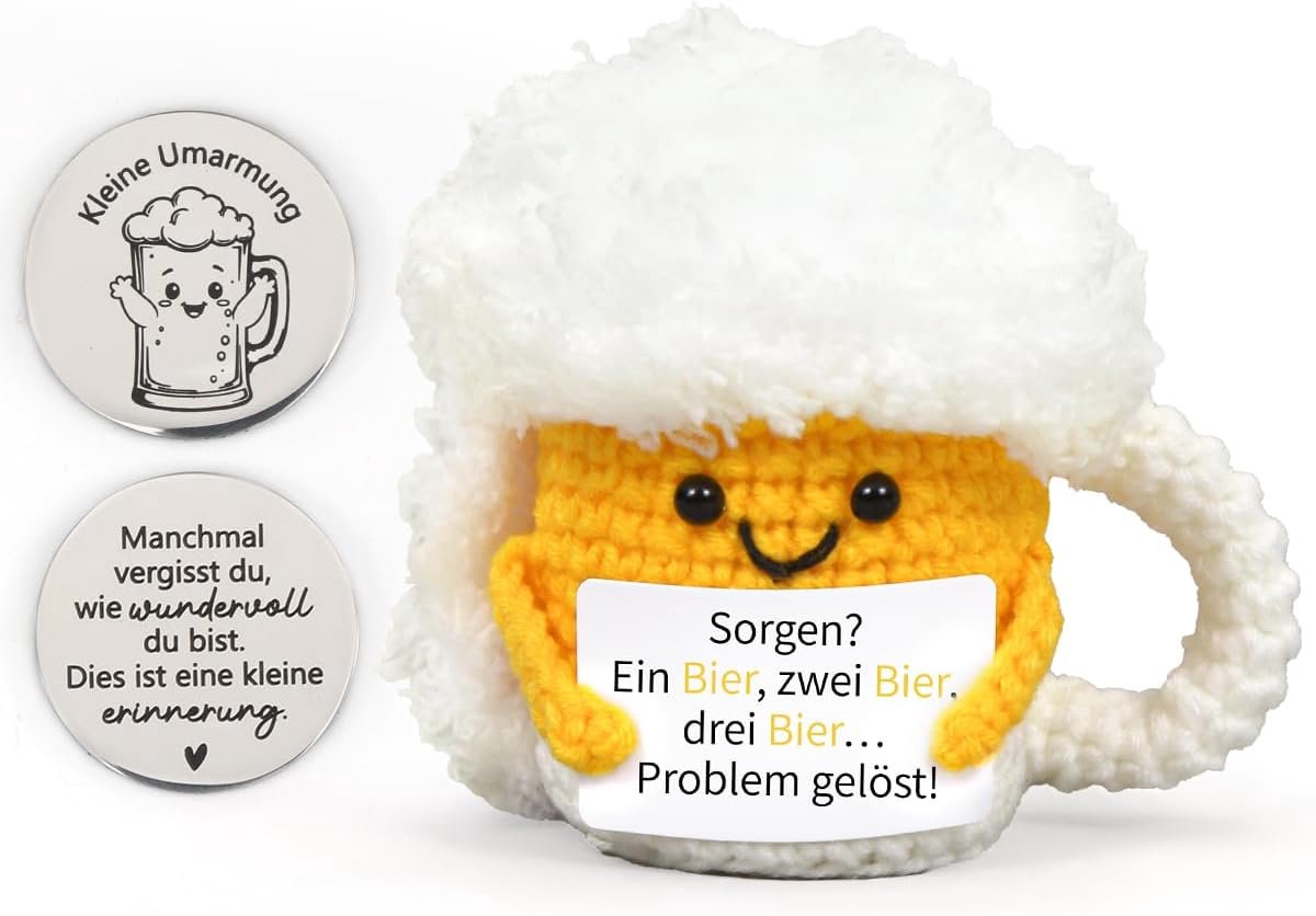 Bier cadeaus voor mannen, gebreide pop, bier, anti-stress cadeau, positieve knuffeldier, gehaakte emotionele ondersteuning, cadeau, zakknuffel, stressverminderend geschenk