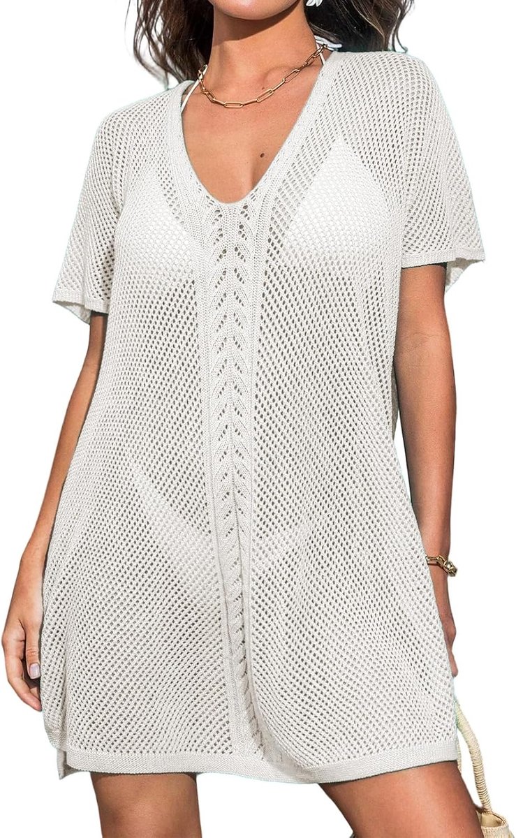Strandjurk voor dames, gebogen V-hals, van netstof, strandjurk, badpak, bikini, cover-up zomer