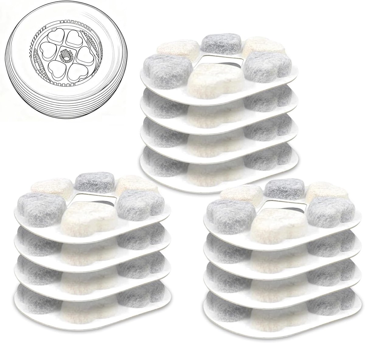12 reservefilters voor kattenfonteinen - compatibel met Pretty Paw KatzenOase 2,5 l - Hartvormig ontwerp - Hoge dichtheid actieve koolfilter voor schoon en vers water