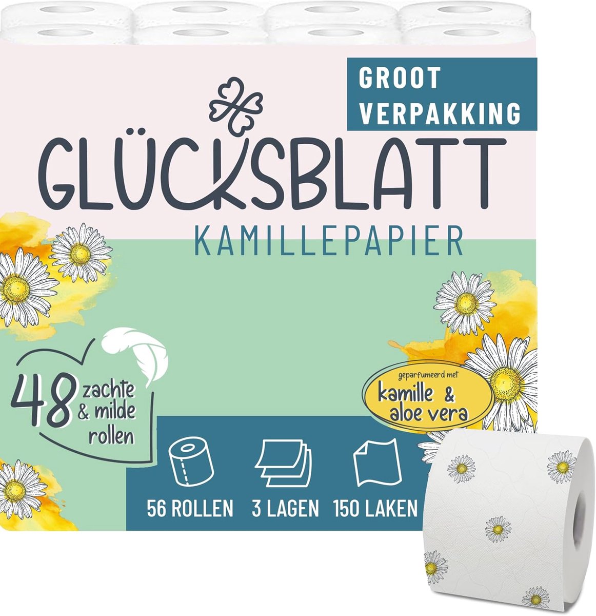 SnelShoppen - Toiletpapier 3-laags 48 Rollen x 150 Vellen Kamille Geur 100% Cellulose Zacht Toiletpapier met Kleurrijke Kamille Bloemen Geschikt voor