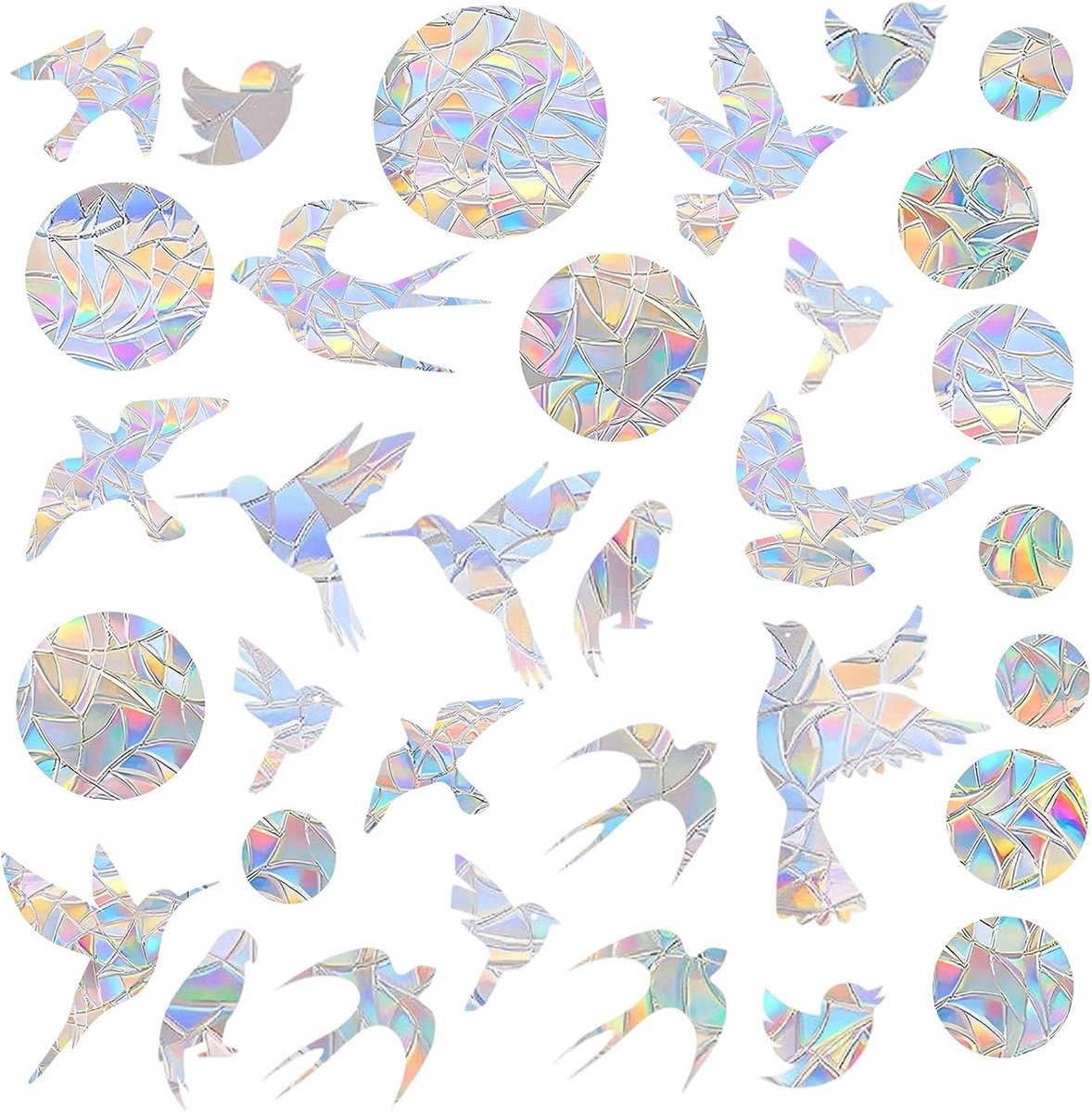Vogelbeschermingsstickers met regenboogeffect, 35 stuks, statisch hechtend, tegen vogelslag, voor glazen deuren en serres