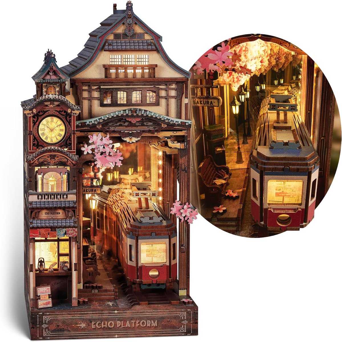 Sakura Train Book Nook Kit – LED 3D houten puzzel met oneindige spiegel – DIY boekenplankdecoratie, miniatuur knutselcadeau voor kinderen en volwassenen (Echo Platform)