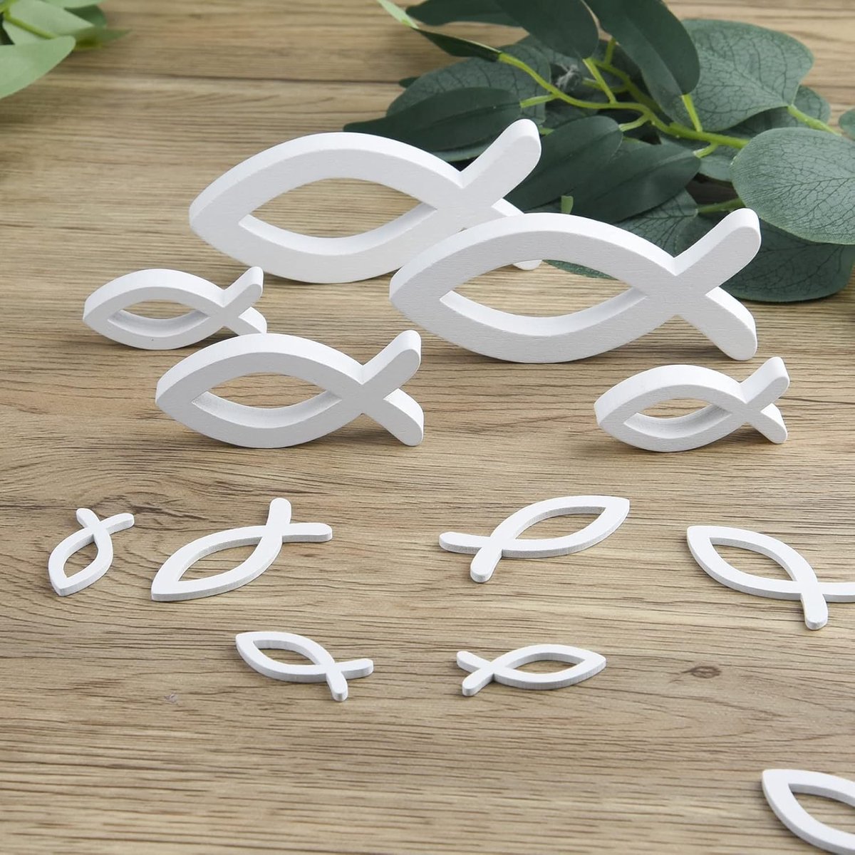 Set van 66 witte houten decoratieve vissen, 6 grote houten vissen en 60 decoratieve vissen, tafeldecoratie voor doop, bevestiging, communie decoratie