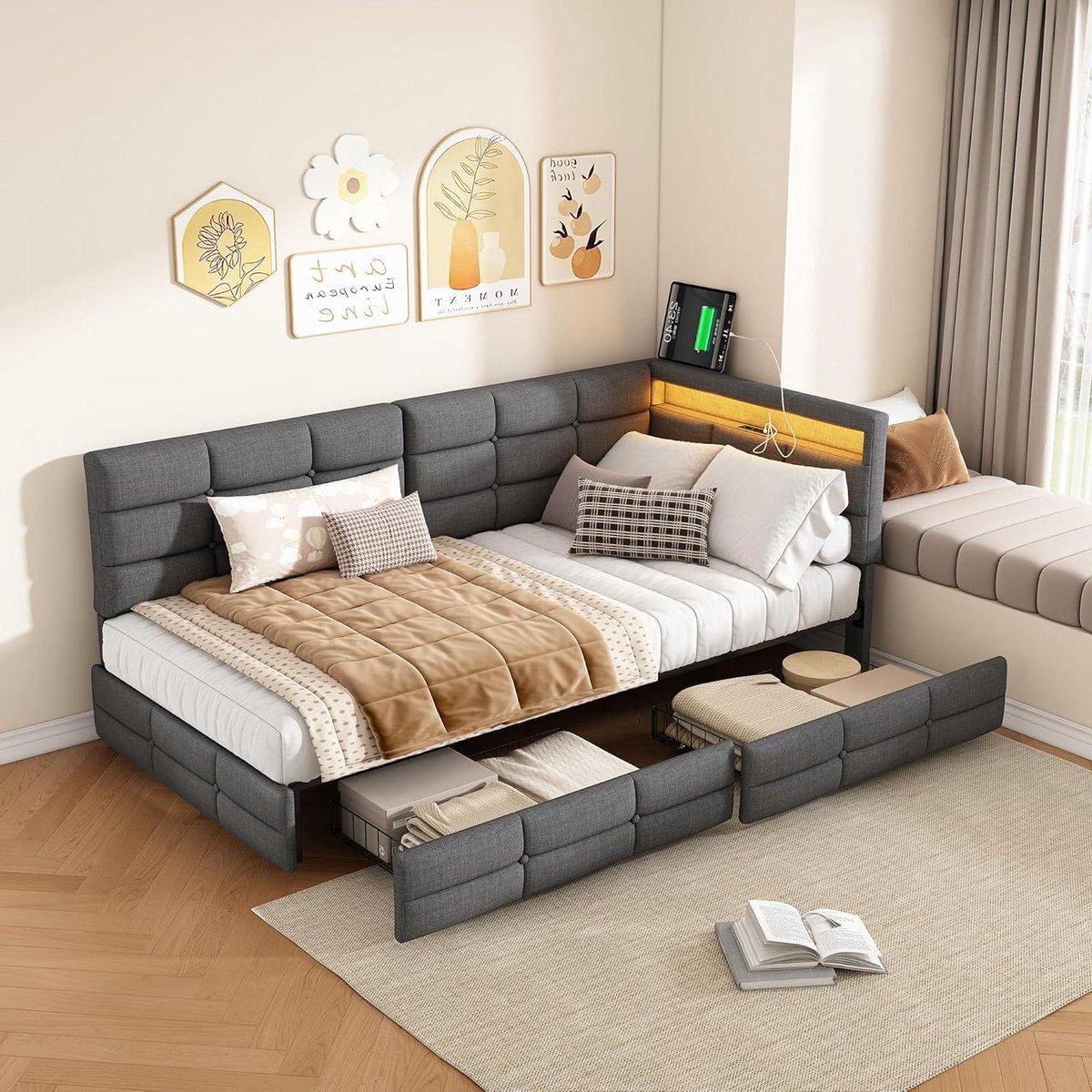 Eenpersoonsbed met Lades - Kinderbed Tienerbed - Opbergen en Slapen - Met LED en USB - 90x200 cm - Grijs