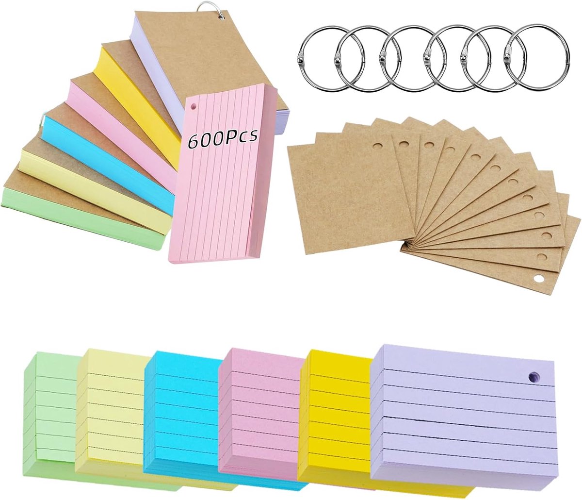 moinkerin Educatieve kaarten, 600 stuks, 12,7 x 7,3 cm, meerkleurig, flashcards met 6 ringen, 12 kraftpapier, kaarten voor studie voor op kantoor