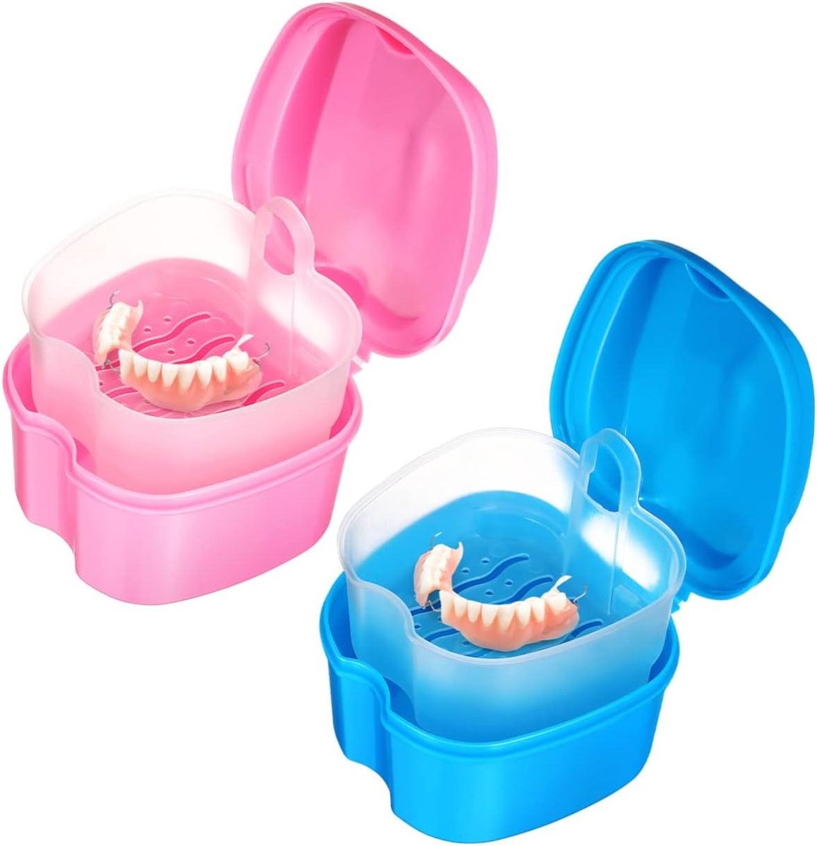 Tandendoos Kunstgebit - Kunstgebit Container - Mondhygiëne Bewaren - Met Deksel - 960x900x680cm - Blauw Roze