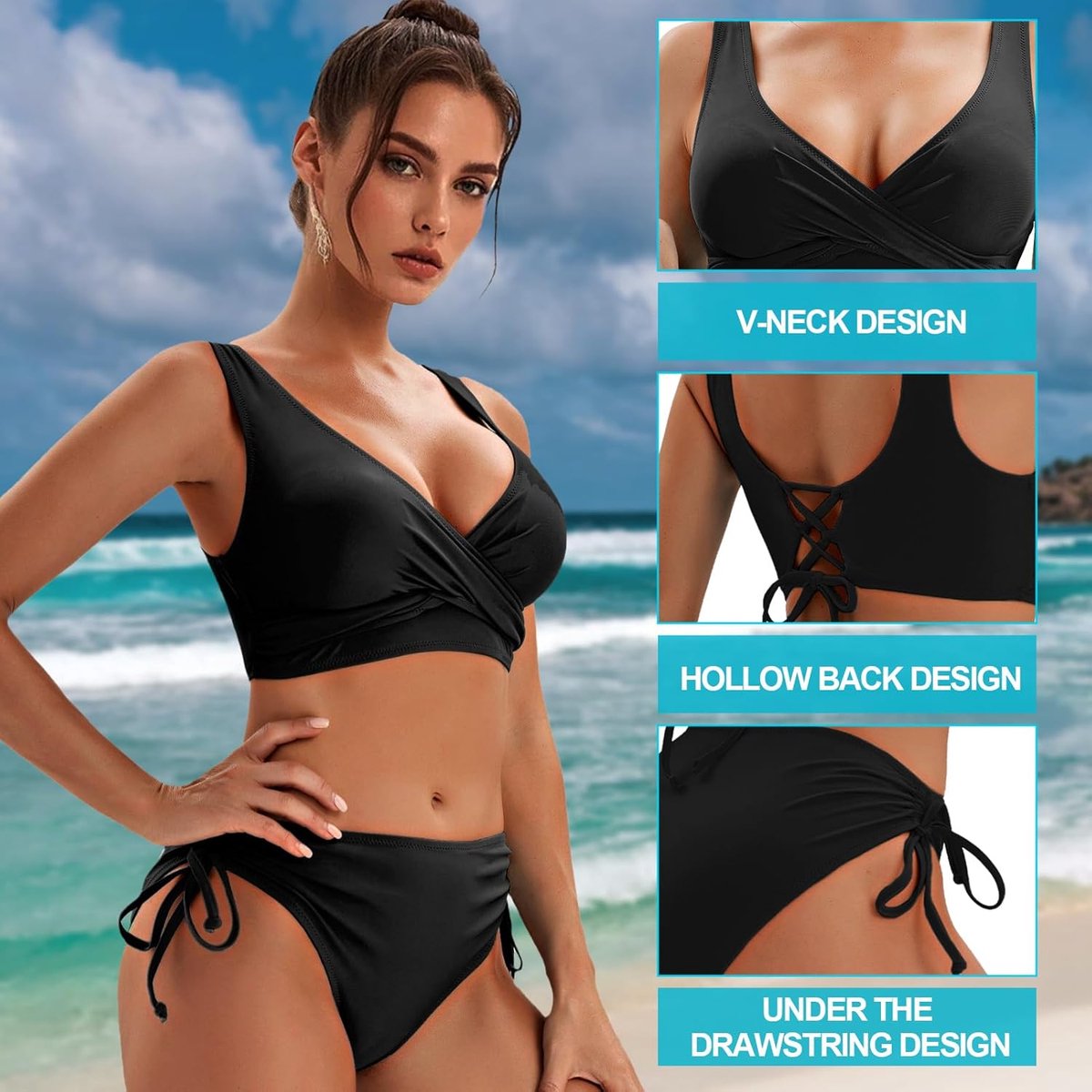 Bikiniset voor dames, hoge taille, tweedelig, buikcontrole, badpak, bikinitop met trekkoord, bikinibroekje, zwemkostuum