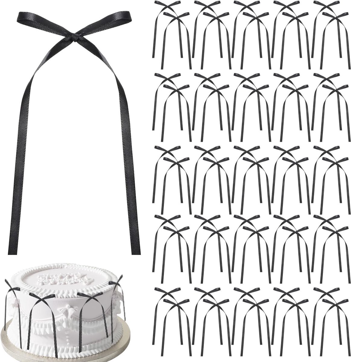 50 stuks zwarte strik taarttopper, FAURAPMNG satijnen lint strik voor taart, cupcakes, traktatiezakken, doe-het-zelf ambachten, bruiloft, babyshower, verjaardagsfeestje decoraties, flirt vintage thema