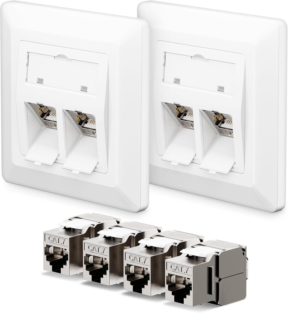 2 x 2-poorts CAT 7 netwerkaansluiting onderbouw + 4 x CAT 7 Keystone RJ45 modul, Lan Ethernet aansluiting stopcontact inbouwstopcontact 10 Gbit/s, Wit