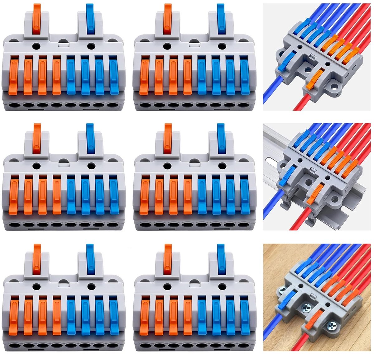 2-in-8-uit compacte klemmenblokken (6 sets), hefboomdraadverbindingsconnectoren, 2 ingangen, 8 uitgangen, DIN-rail & schroefbevestiging, 28-12AWG, inclusief bevestigingen & schroeven