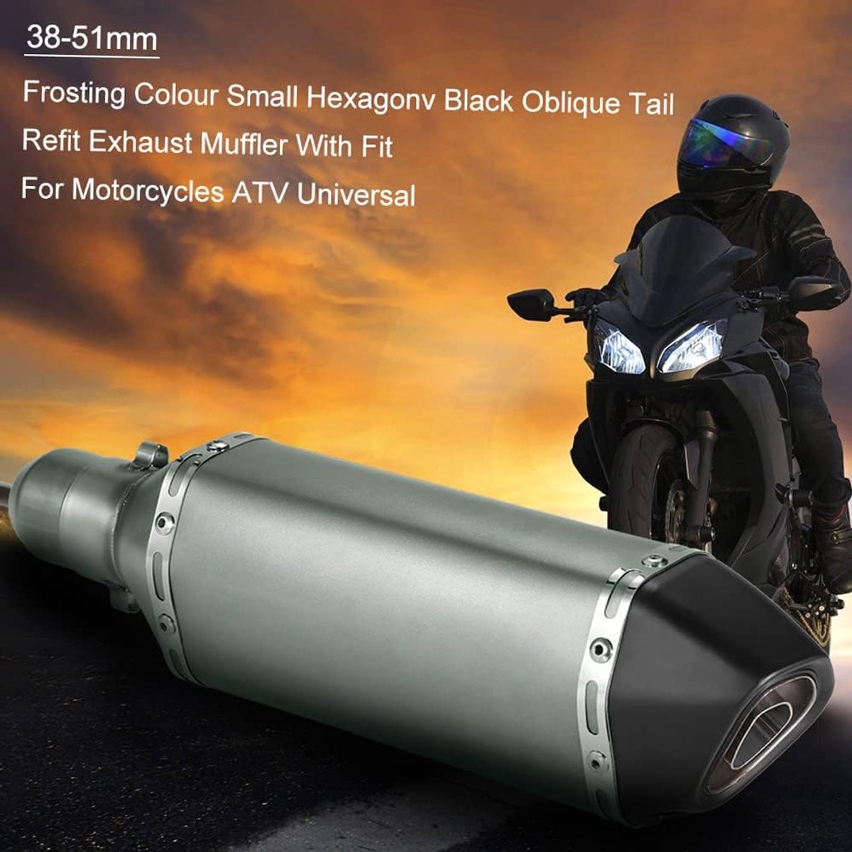Universele uitlaat voor motorfiets, kleine zeskantige fase, gemodificeerde einddemper, 38-51 mm uitlaat met montageaccessoires, geschikt voor motorfietsen, ATV's