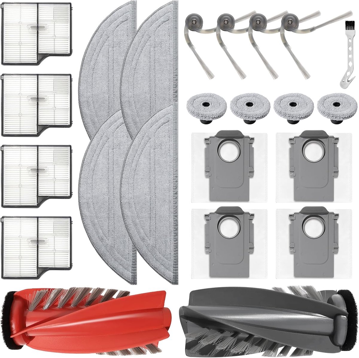 Accessoireset voor Roborock Saros 10 stofzuigerreserveonderdeel, 1 hoofdborstel, 4 reinigingsdoeken, 4 randdoeken, 4 stofzakken, 4 zijborstels, 4 filters