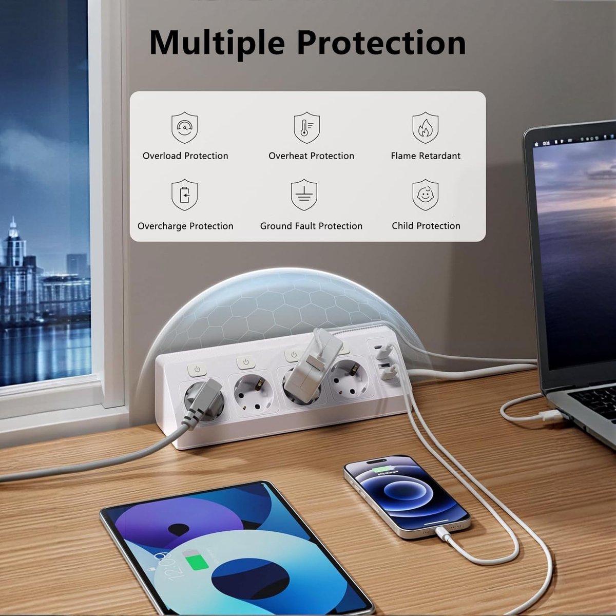 SnelShoppen - Hoekstopcontact met 4 Stopcontacten, 2 USB en 2 Type C, Schakelaar en Overspanningsbeveiliging, 2 m Kabel voor Thuis en Kantoor, Wit