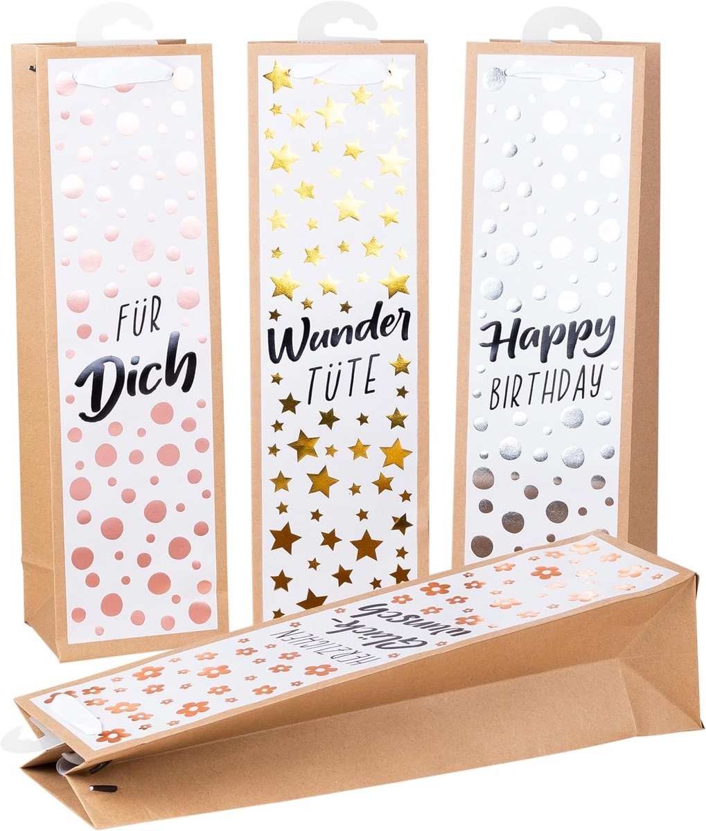 Premium flessentassen Nature Trend 2 met hotfoil-afwerking, 4 stuks, 40 x 12 x 10 cm, met liefdevolle spreuken, ideaal voor wijn en sterke drank, milieuvriendelijk en herbruikbaar