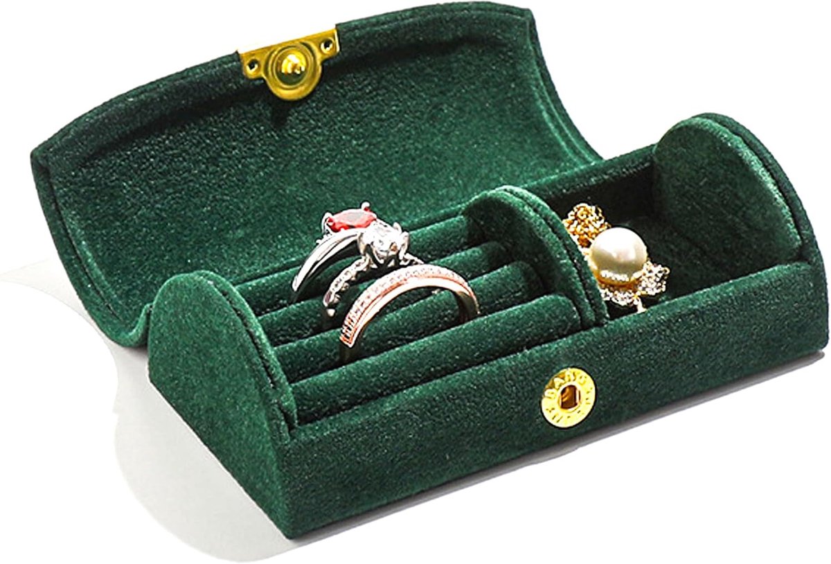 SnelShoppen - Compacte Juwelenbox voor Reizen, Dames en Meisjes, Velvet Sieradenopberger voor Ringen, Oorbellen en Kettingen in Donkergroen, 10.2x5.5x