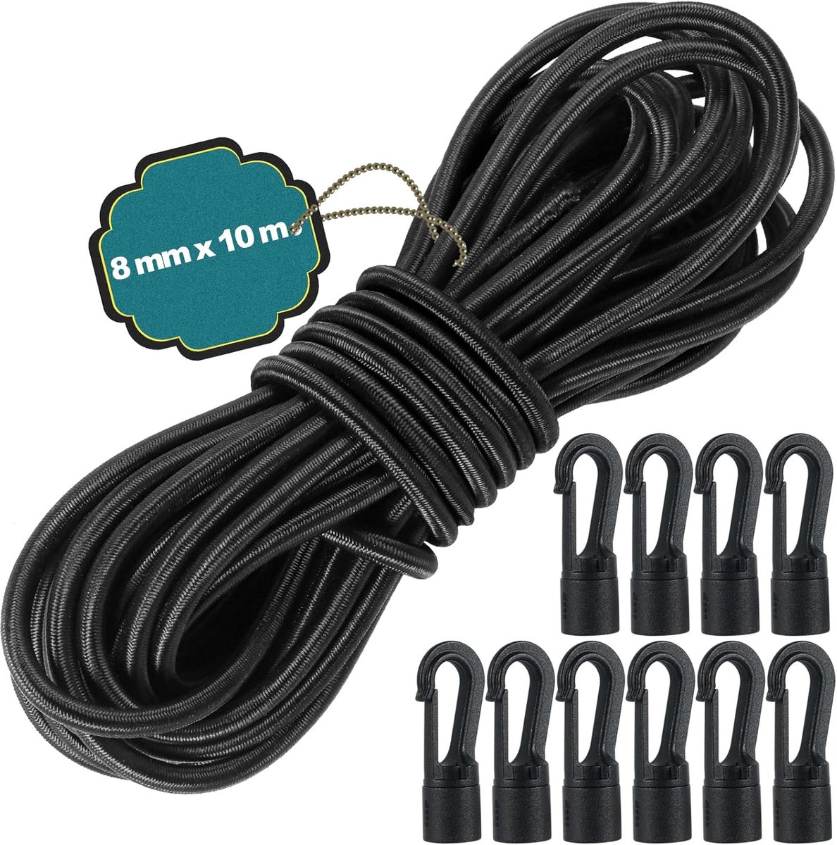 SnelShoppen - 8 mm x 10 m Zwarte Elastische Touw met 10 Plastic Haken - Robuust en Duurzaam Latex voor Trailer, Boot, Camping, Tent en Rugzak