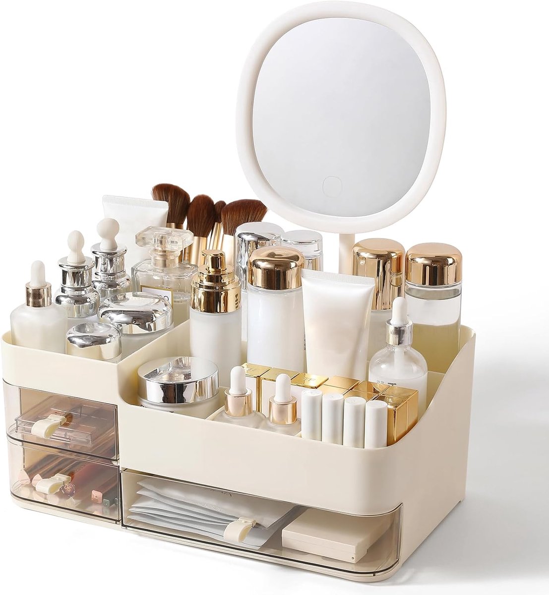 DASITON Makeup Organizer with Rechargeable Mirror and 3 Drawers, Skin Care and Cosmetics Organizer Countertop, Makeup - ShopVlot