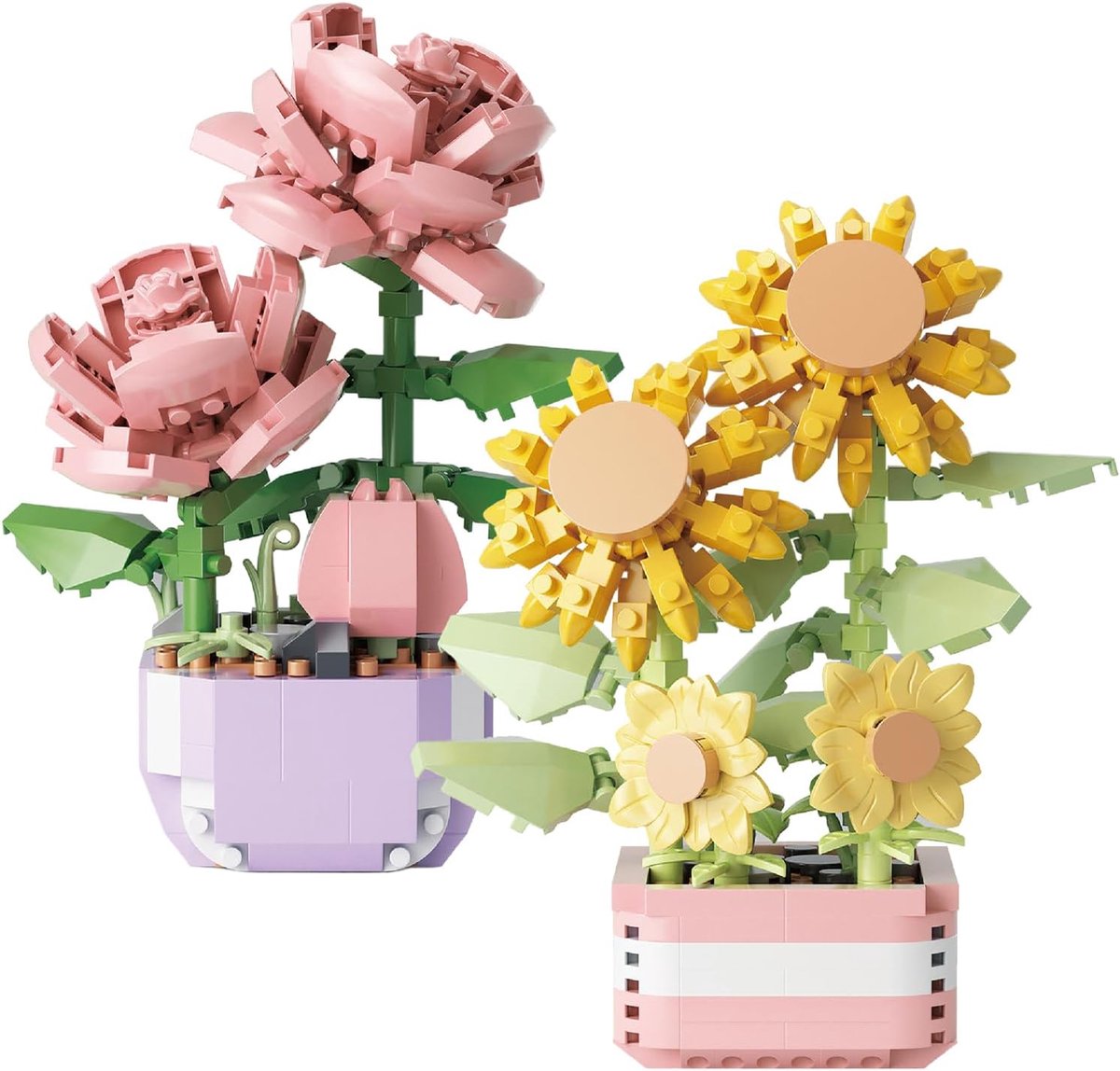 SnelShoppen - Set van 2 Mini Succulenten Bloemen Bonsai Bouwblokken 367 Stukken + 317 Stukken Kunstmatige Bloemen Speelgoed voor Kinderen (Rozen + Zon