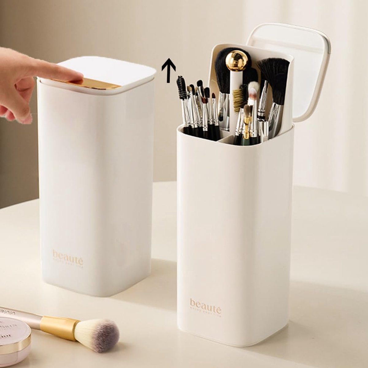Automatic Lifting Makeup Brush Holder With Lid Dustproof Cosmetic Organizers For Van - ShopVlot
