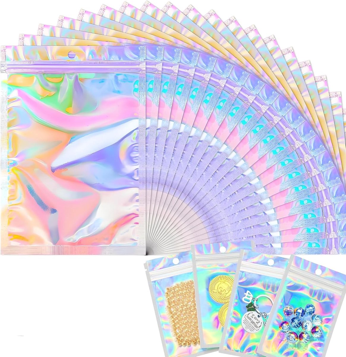 SnelShoppen - 50 Stuks Mylar Tassen, Foliezakken met Platte Rits, Herbruikbare Zakjes, Holografische Plastic Tassen, Sluitbare Zakjes voor Feestfavori
