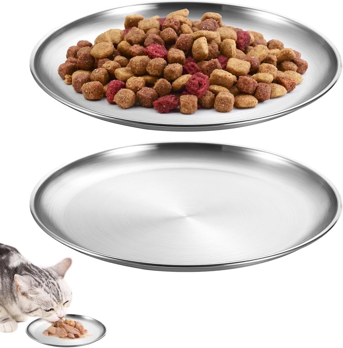 SnelShoppen - Set van 2 Platte Kattenbakken, RVS, 14 cm, Kattenvoerbak met Brede Snorharen, Stabiele Kattenbak voor Huisdieren